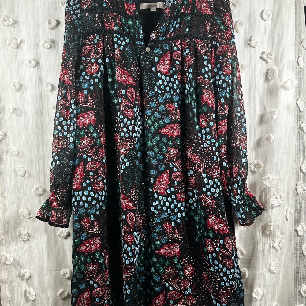 LOFT Women’s Mixed Floral Print Mini Dress Boho Whimsigoth Festival Size SP